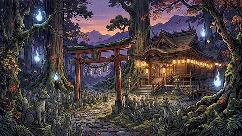Japanese Mystical Fox Shrine Beneath the Autumn Twilight Forest