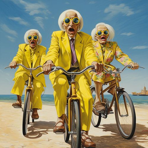 Surrealistische ouderen gekleed in gele fietsen strandvakantie