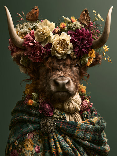 Schottischer Hochländer mit Blumenkranz von Thea