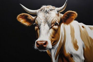 Kuh mit fragendem Blick auf schwarzem Hintergrund von De Muurdecoratie