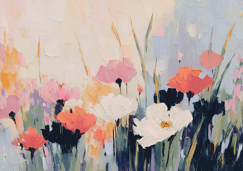 Une mer de fleurs abstraite aux tons pastel, composée de fleurs blanches et roses