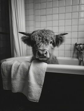 Schotse hooglander in badkuip – humoristisch zwart-wit dierenportret van But First Framing