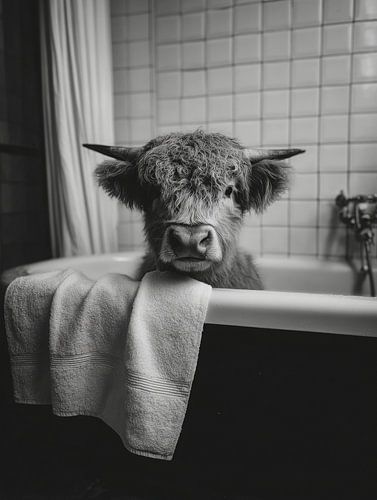 Schottischer Highlander in der Badewanne - humorvolles Schwarz-Weiß-Tierporträt