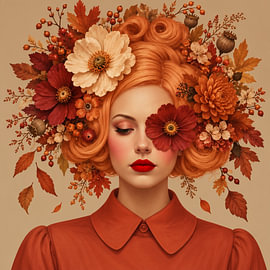 After Summer Coupe | Surrealist portrait with autumn flowers by Mirjam Duizendstra