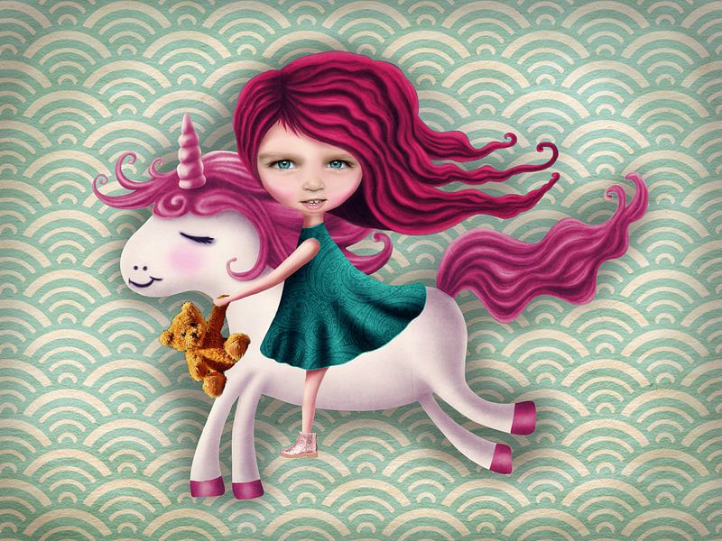 Meisje Unicorn retro - Mail je foto voor een persoonlijk tintje! by Anouk Muller - Funqy Wall Art
