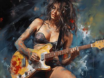 Sexy Lady with Tattoos and Guitar | Portrait. Wall Art. Digital Deco Wall Art. Acrylic by ColorWorldwide