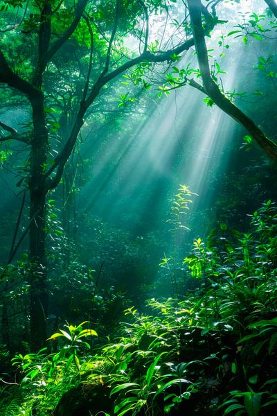Lichtstrahlen im grünen Wald von Poster Art Shop