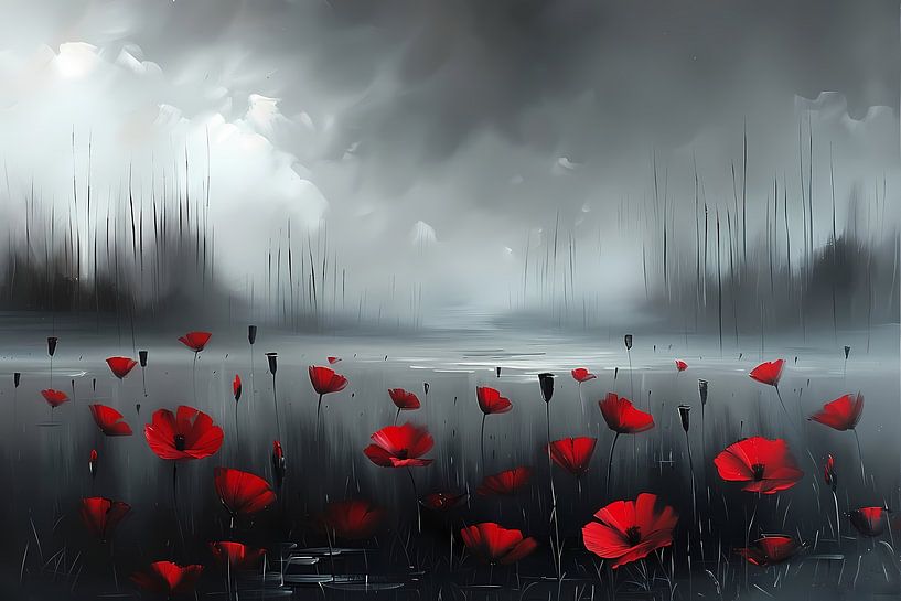 **Red flowers in a misty landscape** by Art & Soul Creations