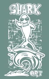 Surfing Shark - Schablonen-Illustration in Blau und Weiß von Emiel de Lange
