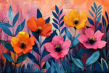Kleurrijk schilderij van bloemen en bladeren van De Muurdecoratie