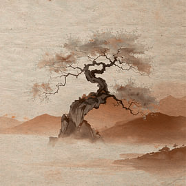 ZEN Art:  Nebelverhüllte, beruhigende Berglandschaft mit Bonsai in warmen Erdtönen