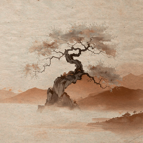 ZEN Art:  Mistig rustgevend Berglandschap met Bonsai in warme aardetinten
