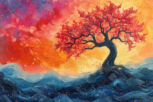 picturesque japanese art tree sunset