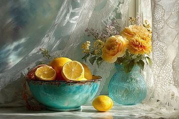 Romantisch zomers stilleven met citrus en turquoise servies van Joriali fotografie en schilderijen