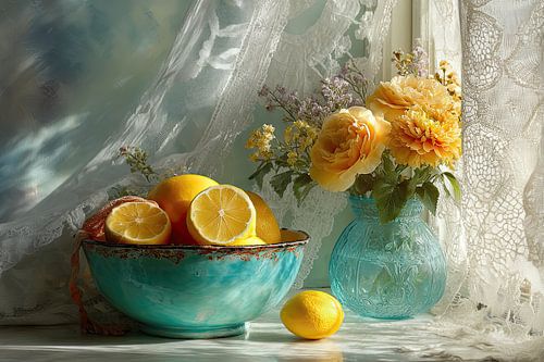 Romantisch zomers stilleven met citrus en turquoise servies