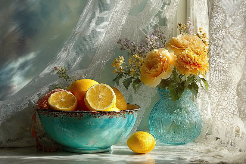 Romantic summer still life with citrus and turquoise tableware by Joriali photography and paintings