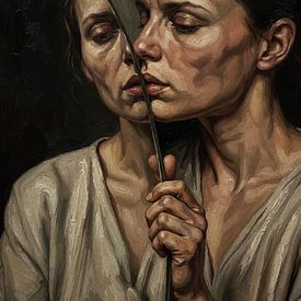 Spiegel van de Ziel - Vrouw Zelfreflectie Olieverfschilderij van Ramy Salah Hefny