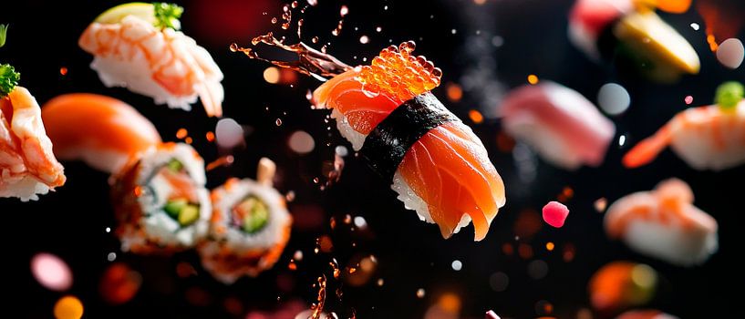 L'art du sushi en vol - Une composition haute en couleur par Poster Art Shop
