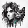 Femme avec chat Style Pop Art Noir Blanc Monochrome sur Betty Maria Digital Art