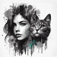 Woman with Cat Pop Art Style Black White Monochrome