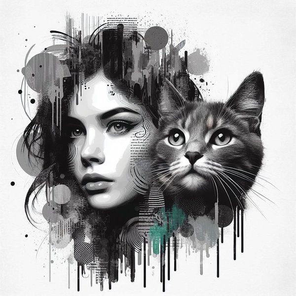 Woman with Cat Pop Art Style Black White Monochrome by Betty Maria Digital Art