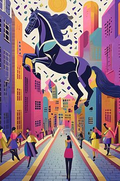 Kleurig fantasie kunstwerk groot paard in de stad van Emiel de Lange
