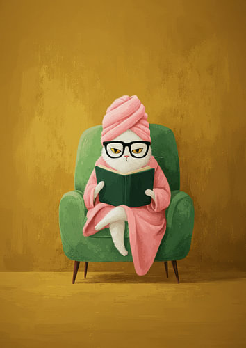 Lesende Katze im Bademantel mit Turban zwischen Hygge, Wellness und gemütlicher Auszeit