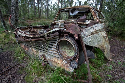 Car cemetery in forest in Ryd, Sweden