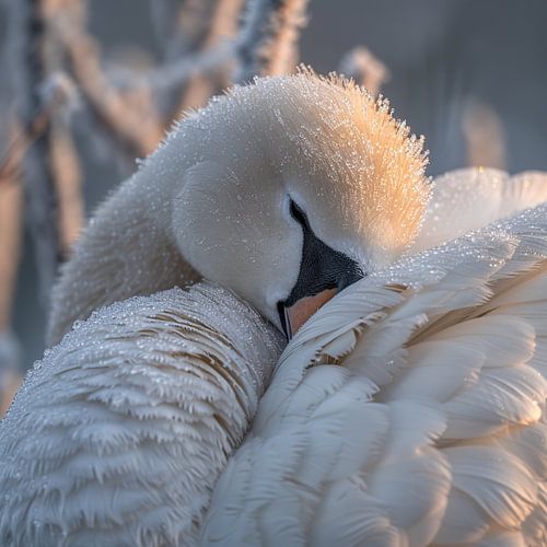 Close-up van een zwaan bedekt met rijp en dauw