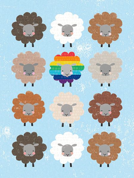 Be Ewe Brown and Rainbow Sheep 5x7, Moira Hershey by Wild Apple