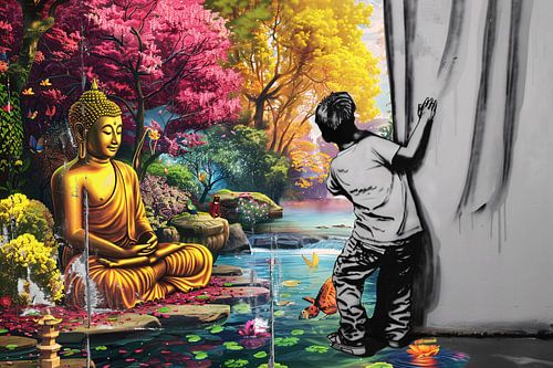 Jongen ontmoet Boeddha in kleurrijk tafereel