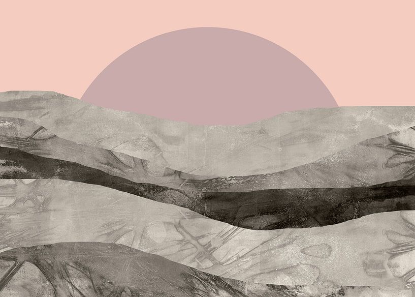 Zen-Kunst. Abstrakte Landschaft im japanischen Stil in rosa, grau, lila. von Dina Dankers