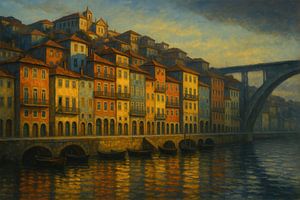 Porto's Douro oevers: Gloed van de rivier en huizen op heuvels