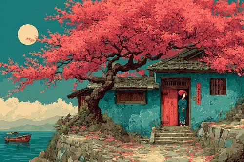 picturesque Japan geisha's in garden