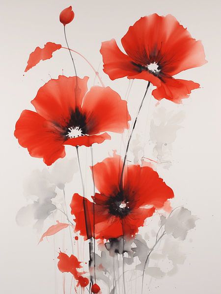 Aquarelle coquelicots rouges bouquet filigrane impressionniste par gm_designs