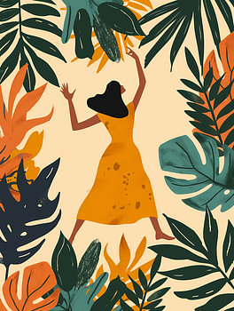 Abstracte boho-kunst: dansende vrouw in een tropisch bladerdak