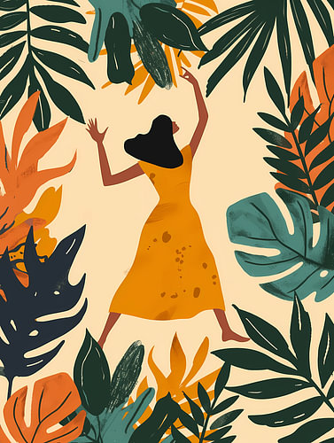 Abstract boho art: a woman dancing amongst a forest of tropical leaves