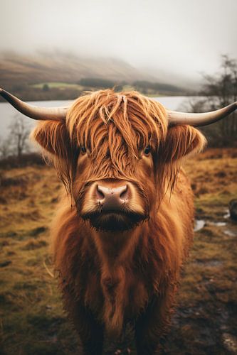 Portrait of a Scottish Highland cattle in the pasture
