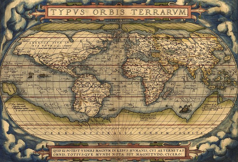 Weltkarte von 1570 aus dem "Theatrum Orbis Terrarum" von Meesterlijcke Meesters