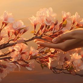 Fleurs se balançant à la main à la lueur du coucher de soleil, design artistique au printemps sur Animaflora PicsStock