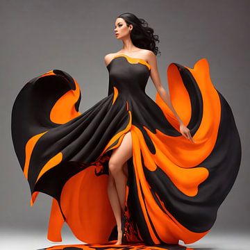 Dansende vrouw in wijde jurk in zwart met oranje van Brian Morgan