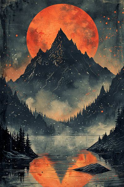 Red Moon Mountain Landschaft Reflexion von Art & Soul Creations