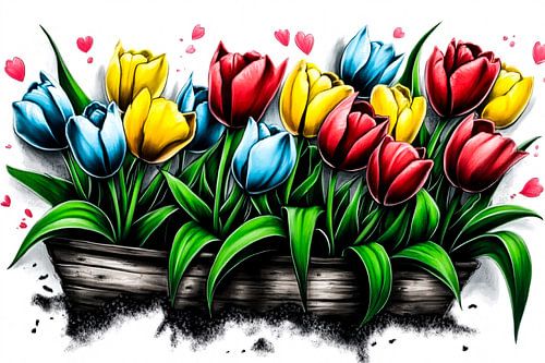 Kleurrijke tulpen in houten bak
