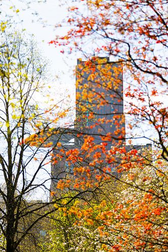 De Inktpot in Utrecht met ontluikende bomen in lentekleuren (onscherpe bladeren) van André Blom Fotografie Utrecht