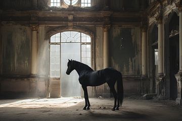 Cheval noir dans un château abandonné sur Skyfall