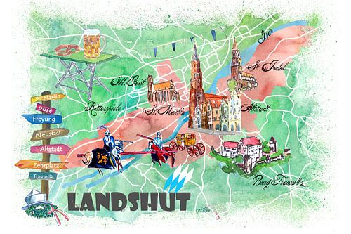 Landshut Bayern Illustrierte Karte mit Hauptstraßen Sehenswürdigkeiten und Highlights