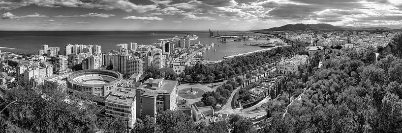 Panorama of the city of Malaga in Spain in black and white by Manfred Voss, Black-White Photography