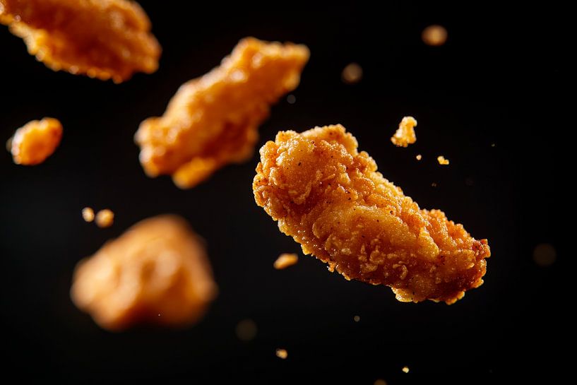 Knusprige Hähnchenstücke im Flug von Poster Art Shop