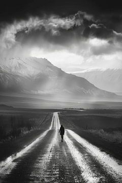 Lonely hiker - black and white photograph of an endless road by Poster Art Shop