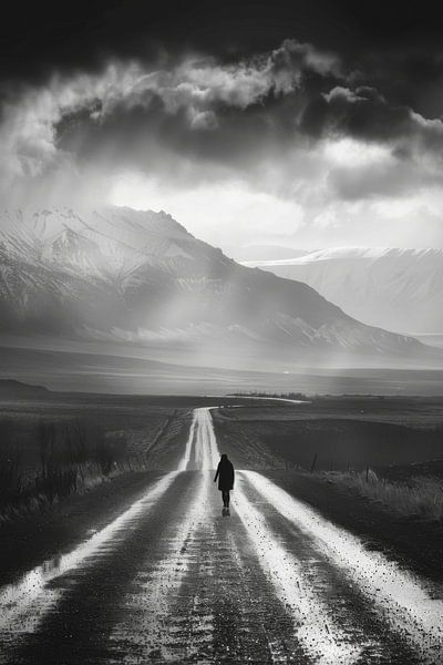 Lonely hiker - black and white photograph of an endless road by Poster Art Shop